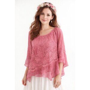 Belle France Pink Silk Embroidered Layered Blouse M Feminine Romanitic Womens M